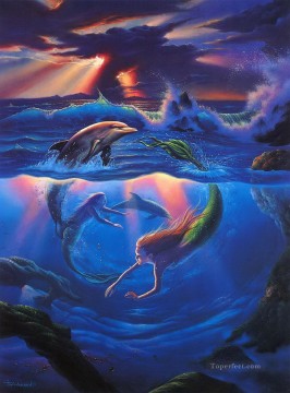 JW sirènes et dauphins océan Peinture à l'huile